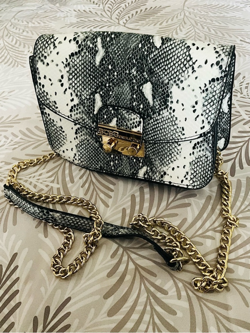 Snake-Print Crossbody Bag with Gold Chain Strap